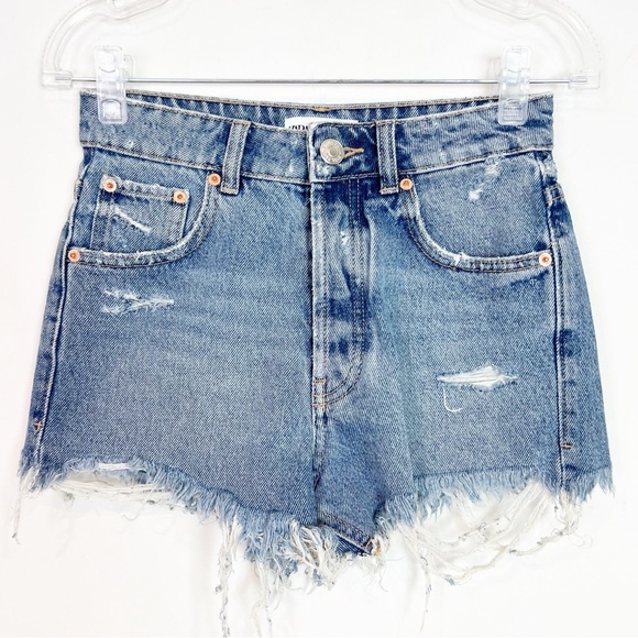 ZARA CUT OFF DENIM JEAN BUTTON FLY SHORTS SZ 0 - Picture 1 of 5